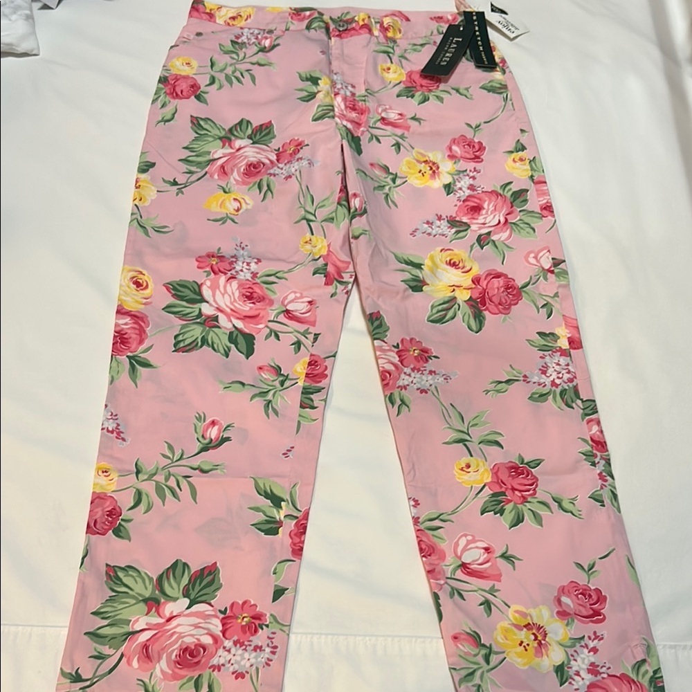 Ralph Lauren Pink Cropped Pants with Floral Print size 8, Cotton, Stretchy NWT